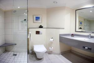 a bathroom with a toilet and a sink and a shower at The Beach Hotel in Port Elizabeth