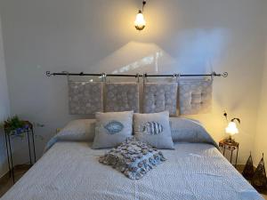een slaapkamer met een wit bed met 2 kussens bij La casa di Robby in Budoni