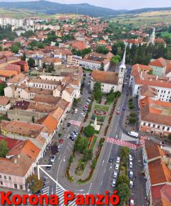 an aerial view of a town with a street at Korona Panzió in Odorheiu Secuiesc