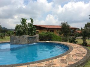una piscina en un patio con una casa al fondo en Cabanas la Chicharra, en Xico