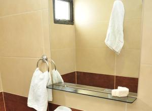 ein Badezimmer mit einem Spiegel, einem WC und Handtüchern in der Unterkunft BALOO Hotel in Mar del Plata