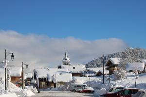 a town covered in snow with a church at Chalet Hotel Le Mont Bisanne in Crest-Voland