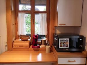 encimera de cocina con microondas y ventana en Haus Erika 1911 - Alpspitze, en Garmisch-Partenkirchen