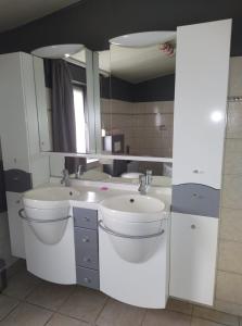 a bathroom with a sink and a toilet and a mirror at Gîte Les Framboisiers in Neufchâteau