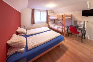 Hirschen Backpacker-Hotel & Pub في شويز: غرفة نوم مع سرير وسرير بطابقين مع سلم