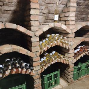 una pared de ladrillo con botellas de vino y cajas en Apartmán Špacír en Velké Pavlovice