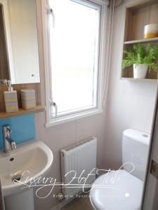a bathroom with a sink and a toilet and a window at Luxury Hot Tub Retreat in Tattershall