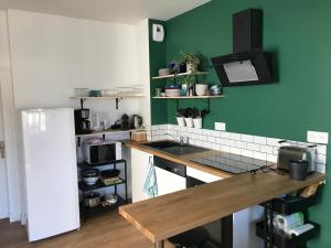 a kitchen with green walls and a wooden counter top at Maison Chiche in Bain-de-Bretagne