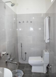 a bathroom with a toilet and a shower and a sink at Hotel Mount View Comforts in Tirupati