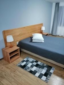 a bedroom with a bed and two lamps and a rug at Kolpinghaus in Caransebeş