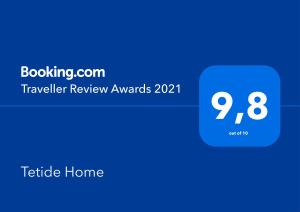 Certifikát, ocenenie alebo iný dokument vystavený v ubytovaní Tetide Home