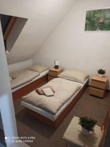 two beds in a room with two tables at Ranč u Sedmi Kulí in Nedašov