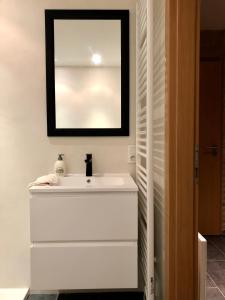 Un baño con un lavabo blanco y un espejo. en Nieuwendamme 80, en Nieuwpoort