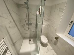 a white bathroom with a shower and a toilet at Le Charme - Au Coeur d'Agen - Self Checkin - Wifi - Netflix - Smart TV - Luqs fr in Agen