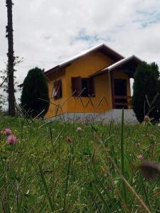 una pequeña casa amarilla en un campo de hierba en Cabana Caminho das Borboletas, en Bom Retiro