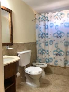 a bathroom with a toilet and a shower curtain at Complejo Bahia Ballenas in Rawson