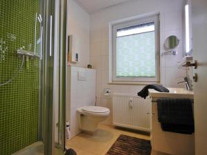 een badkamer met een toilet, een wastafel en een douche bij Ferienwohnung Nelly am Kurpark in Willingen