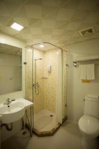 a bathroom with a shower and a sink and a toilet at Home Inn Xi'an South Taihua Road Daming Palace Relics Park in Xi'an