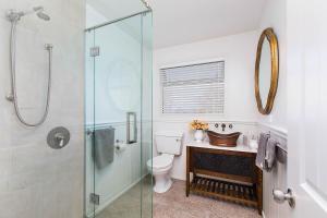 a bathroom with a toilet and a glass shower at Peria Hills Cottage in Matamata +21 photos