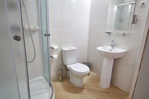 a bathroom with a toilet and a sink and a shower at Altay Park Hotel Podgoritsa in Manzherok