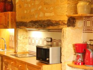 a kitchen with a microwave on a counter at Maison O'Galop in Beynac-et-Cazenac