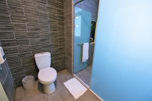 a bathroom with a toilet and a shower at Yu Kun Tien Hotel in Shalu