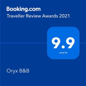 Sertifikāts, apbalvojums, norāde vai cits dokuments, kas ir izstādīts apskatei naktsmītnē Oryx B&B Reserved Guests Only