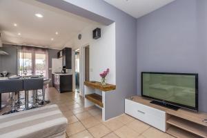 a living room with a flat screen tv and a kitchen at Apartment Brzac in Brzac