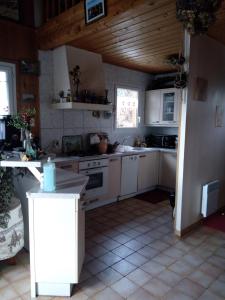 a kitchen with white appliances and a wooden ceiling at Greselin in Chorges