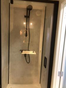 a shower in a bathroom with a glass door at Residentie Da Vinci Middelkerke in Middelkerke