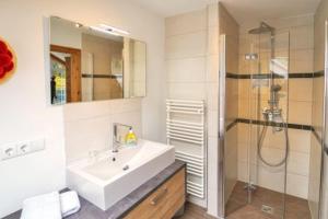 een badkamer met een wastafel en een douche bij Josenhof in Wolfach