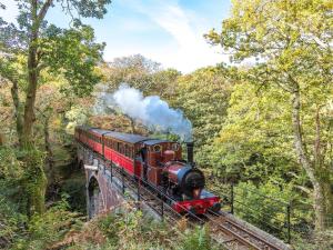 a steam train on a bridge with smoke coming at 157 Amour Caravan in Tywyn