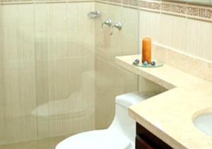 a bathroom with a shower and a toilet and a sink at Apartamento Amoblado en el Poblado Medellín Colombia in Medellín