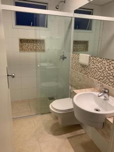 a bathroom with a shower and a toilet and a sink at Apto Top Centrum Holambra/excelente localização in Holambra