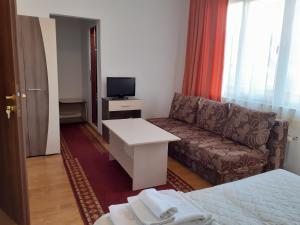 um pequeno quarto de hotel com um sofá e uma televisão em Gelov Hotel em Berkovitsa