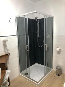 a shower with a glass enclosure in a bathroom at Vila LOFT CUBE in Sinaia +45 photos