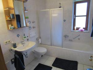 ein Badezimmer mit Dusche, Toilette und Waschbecken in der Unterkunft Hammerhaus-Apartment 3 in Siegsdorf + 11 Fotos