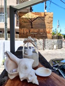 トゥルー・ドー・ドゥースにあるLa Koquillisheの木製のテーブルの上に置かれた動物の頭蓋骨