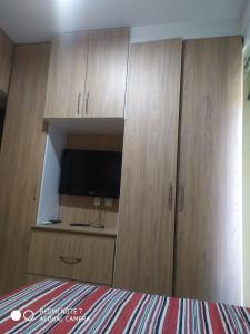 1 dormitorio con armarios de madera, TV y cama en Aldeia das águas Park Resort - Flat Quartier, en Barra do Piraí