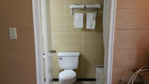 a bathroom with a toilet and towels in it at Riverview Motel in Dunnville