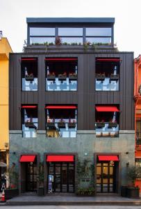a black building with red windows and plants in the windows at Aya Sultanahmet Hotel in Istanbul