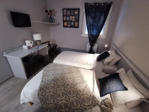 1 dormitorio con 2 camas, escritorio y TV en Hotel Ambotel en Ambérieu-en-Bugey
