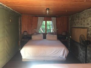 a bedroom with a bed in a room with a window at Cycad Rock Fishing Lodge in Jozini