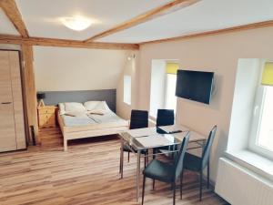 ein Wohnzimmer mit einem Tisch und einem Bett in der Unterkunft Apartamenty Wiktora in Polanica-Zdrój
