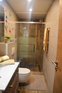 une salle de bains avec douche, toilettes et lavabo dans l'établissement Apartments Rina - Kneže, à Račišće 48 autres photos