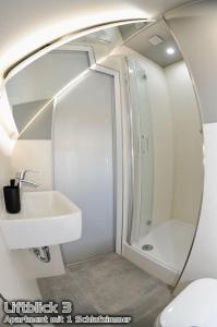 a bathroom with a shower and a sink and a mirror at Ferienwohnungen "Liftblick 2 oder 3" im Kurort Altenberg in Kurort Altenberg