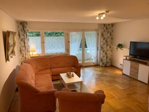 ein Wohnzimmer mit einem Sofa und einem TV in der Unterkunft Exklusive Lage, sehr große Wohnung mit Gartenblick - FEWO Hämmerle Rot in Konstanz