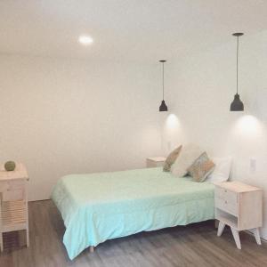 1 dormitorio con 1 cama y 2 luces colgantes en Cabañas Aire Fresco en Mar del Plata