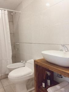 a bathroom with a white toilet and a sink at Cabañas Aire Fresco in Mar del Plata