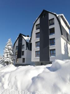 a building in the snow with a pile of snow at Gorštak-Šeha in Jahorina